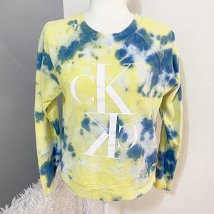 Calvin Klein Jeans CK Tie Dye Crop Sweatshirt Womens S Yellow And Blue.